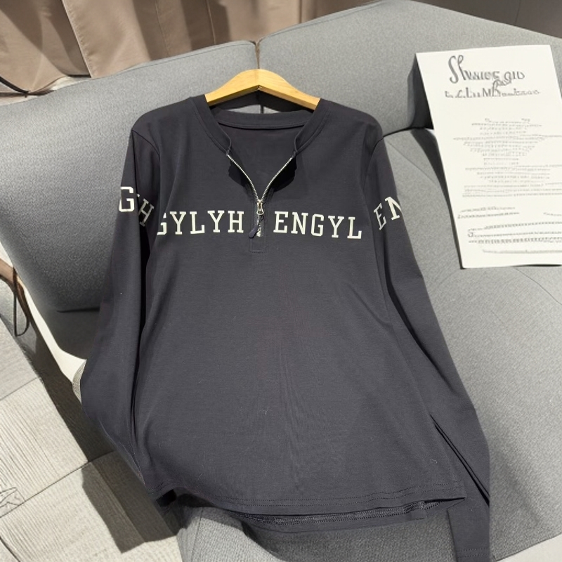 【ME】欧货字母印花长袖t恤女秋冬半拉链设计感大码女上衣