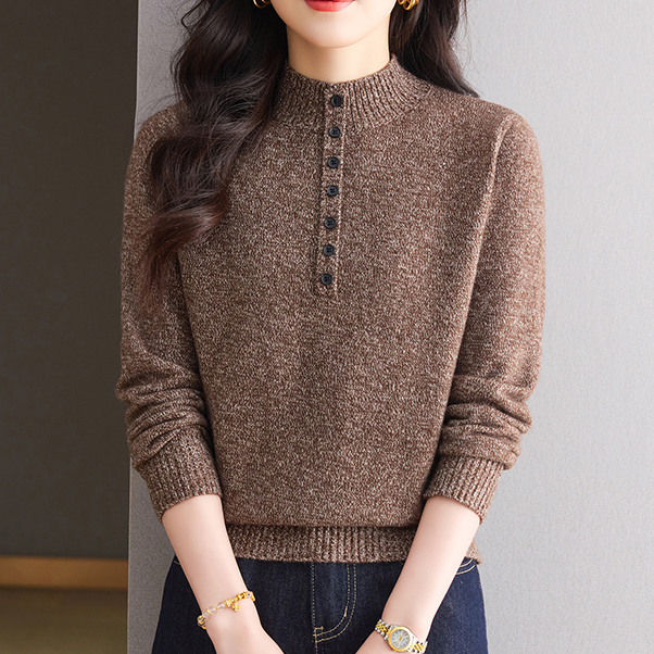 秋冬新款花纱时尚百搭洋气纽扣半高领加厚保暖宽松针织衫上衣