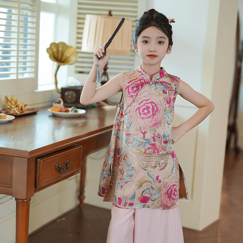 女童套装夏季儿童女孩中式国风两件时尚背心长裤服装套装俩件套