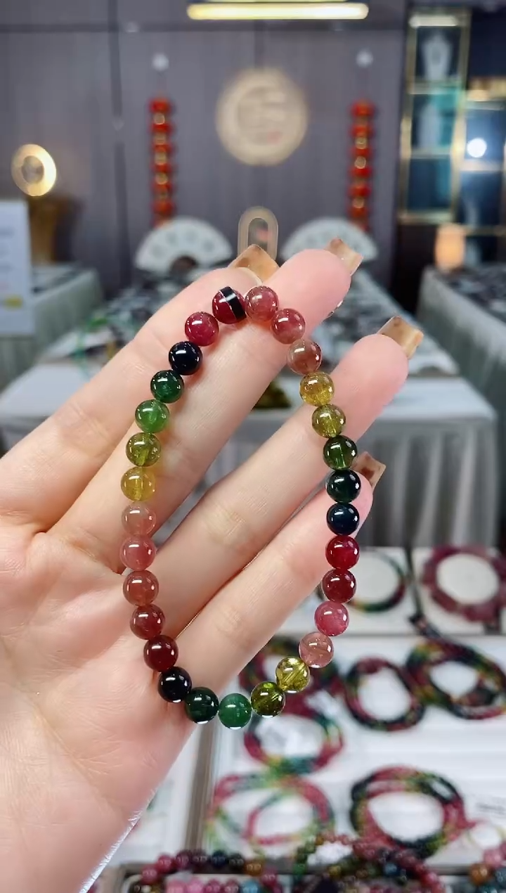 未镶嵌老矿碧玺色标彩虹透体单圈手串6mm+碧玺dan多样性发货一条