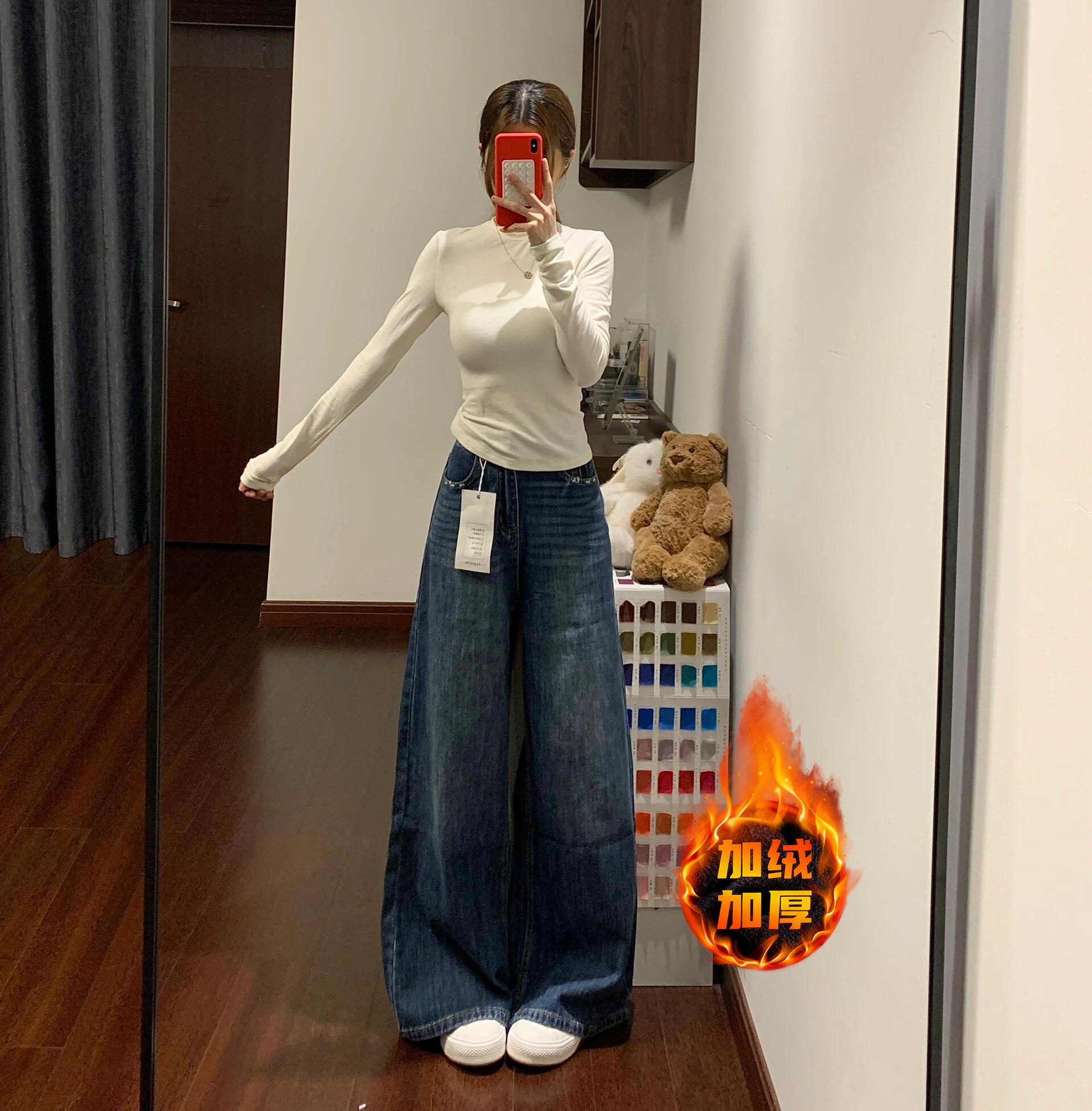 美式复古水洗阔腿牛仔裤设计女秋冬季加绒高腰宽松显瘦直筒拖地裤