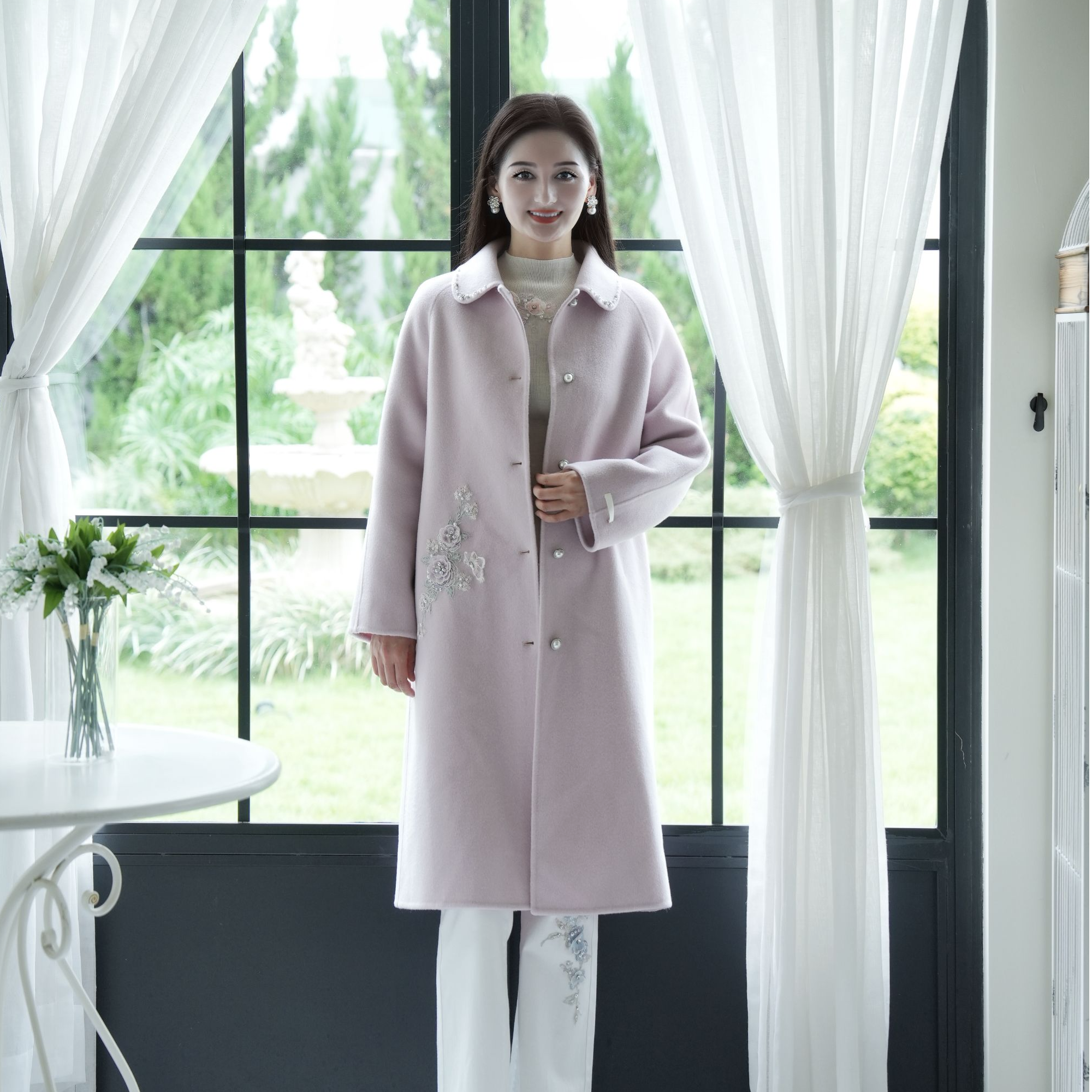 Pink Mary/粉红玛琍手工捏花双面呢中长款毛呢外套TMAOW6001