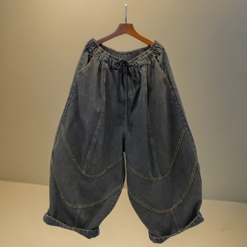 秋季新款牛仔薄款哈伦裤女老爹裤个性刺洗做旧百搭休闲南瓜裤长85