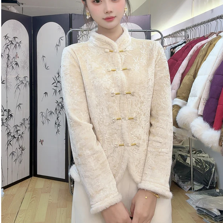 中式中长款直襟上衣加厚斜襟立领拼接棉衣冬季厚款网红短款ins