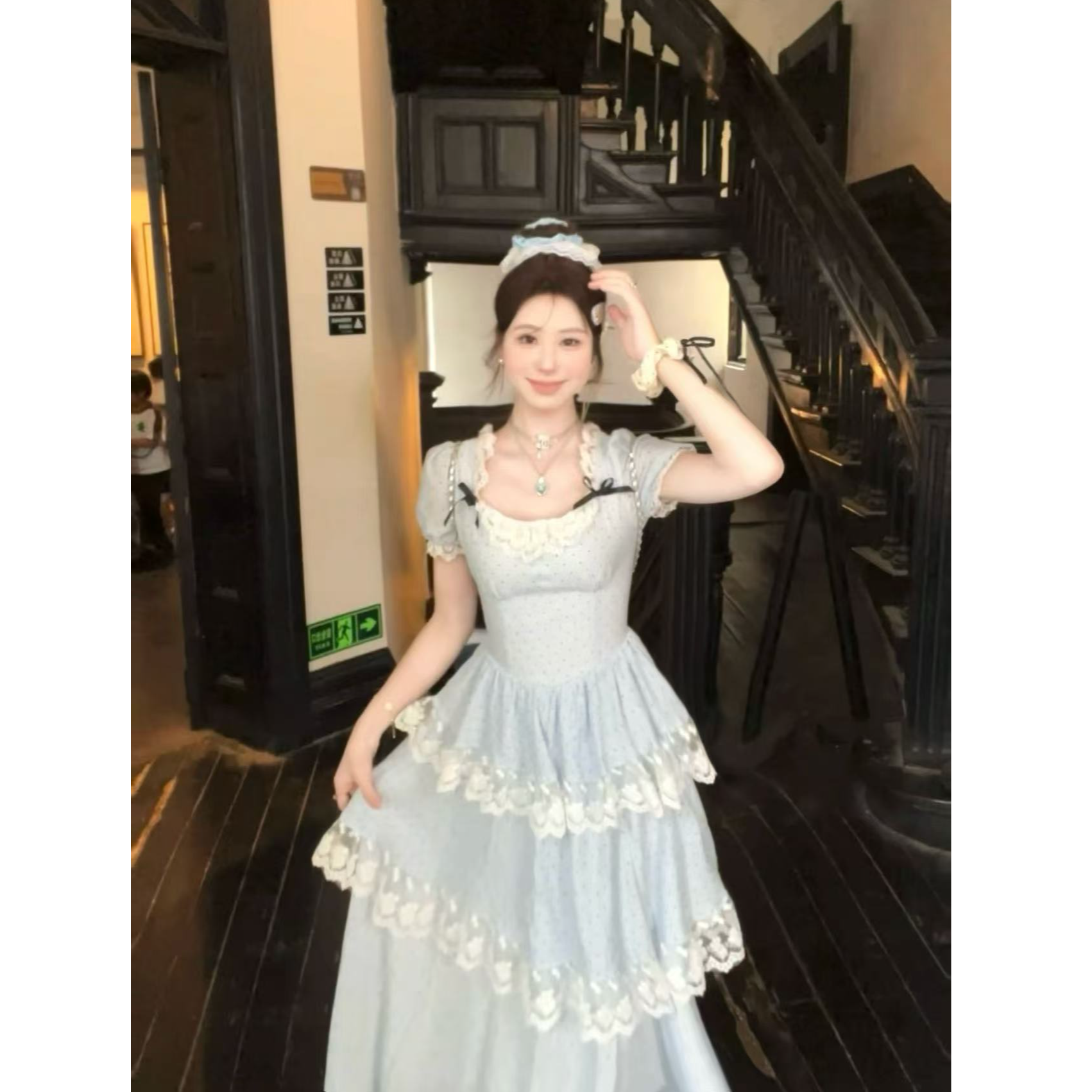 【雾蓝慕斯】法式纯欲甜美波点蕾丝拼接蓬蓬连衣裙