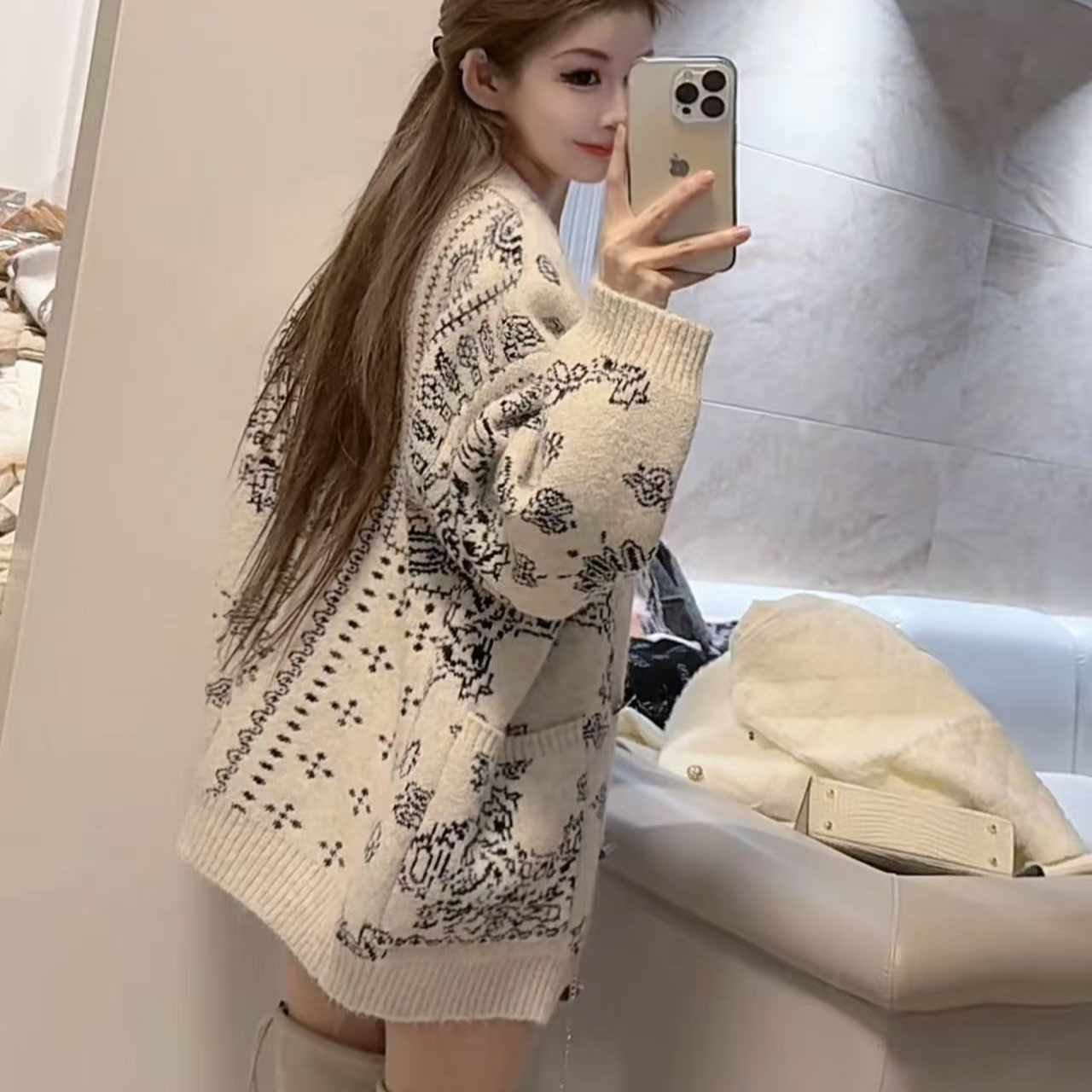 5004加厚 提花毛衣外套，衣长70