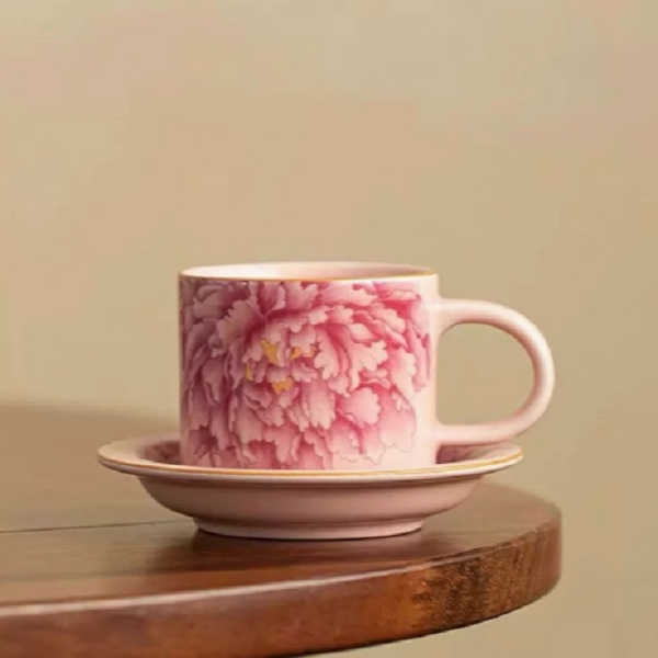心名茶器 牡丹粉汝窑咖啡杯带杯垫家用精致茶杯-4344