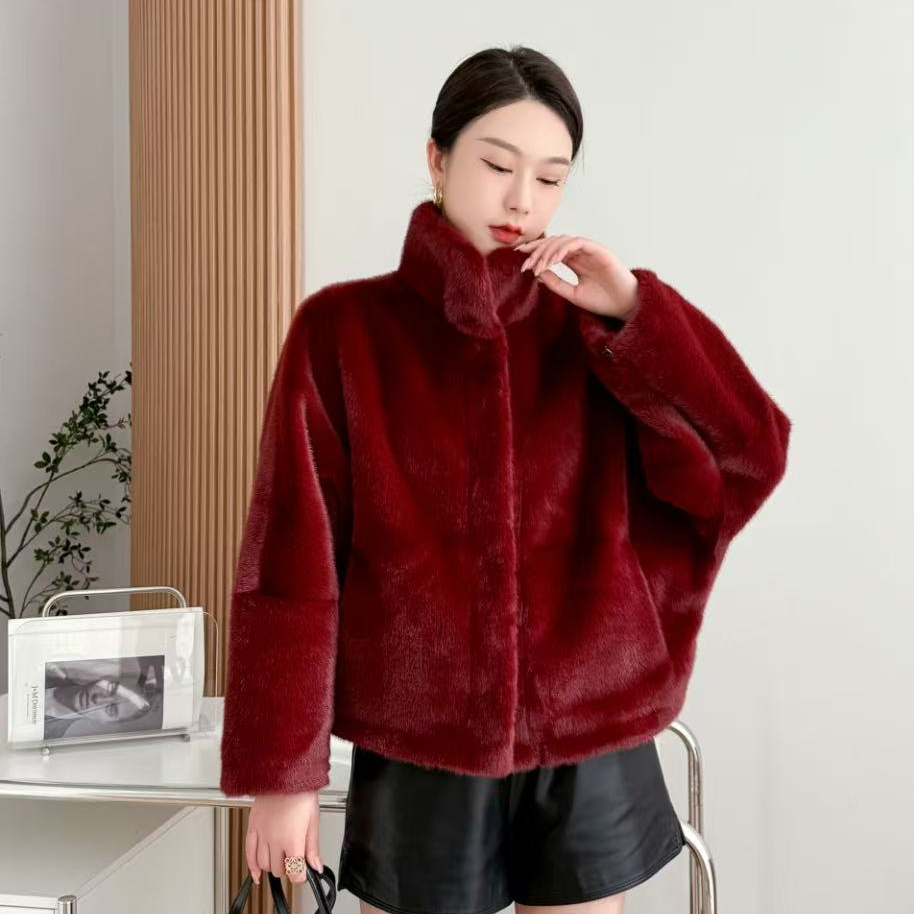 24安哥拉红色米兰貂女士冬季毛毛外套皮毛一体插肩立反领外套