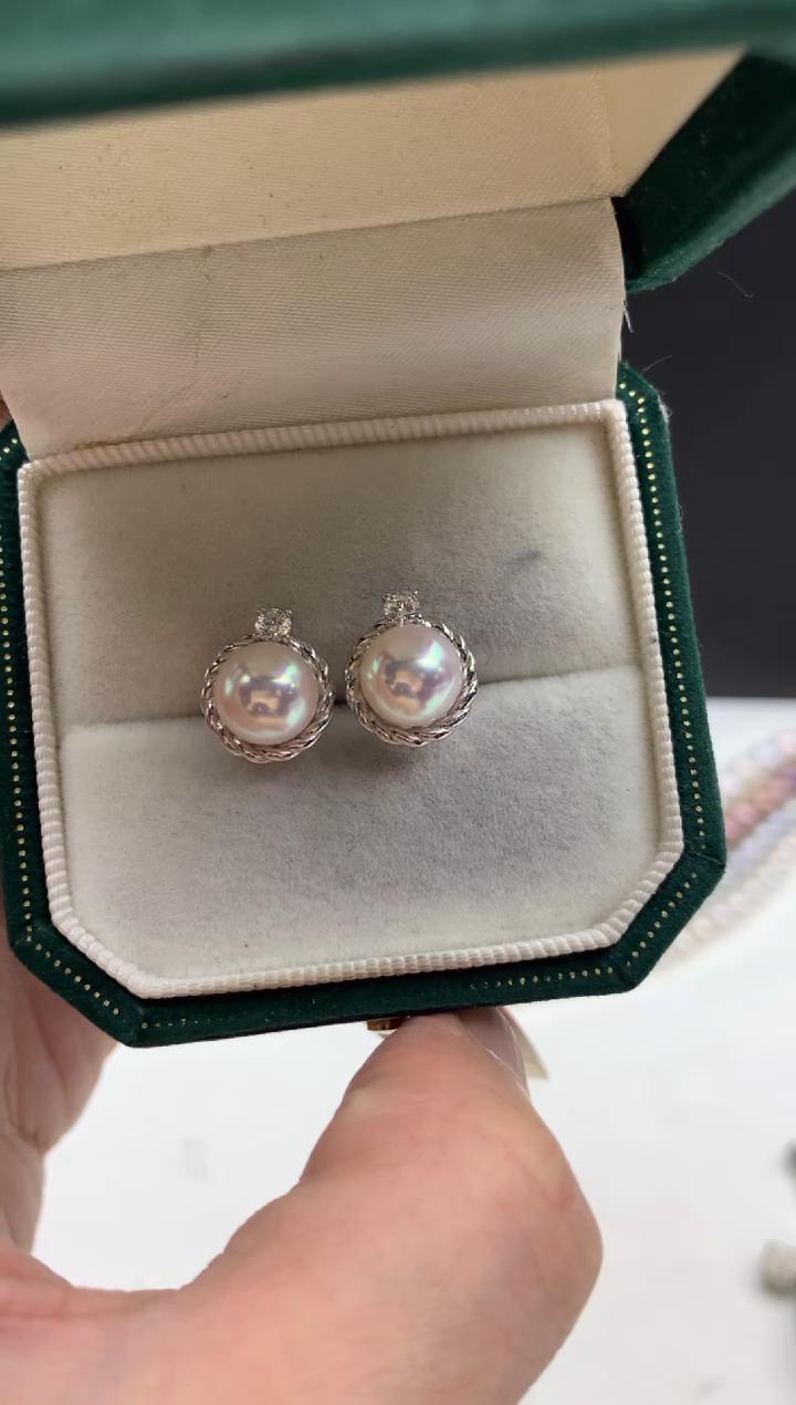 银S925镶嵌ff海水珍珠akoya白珠耳饰