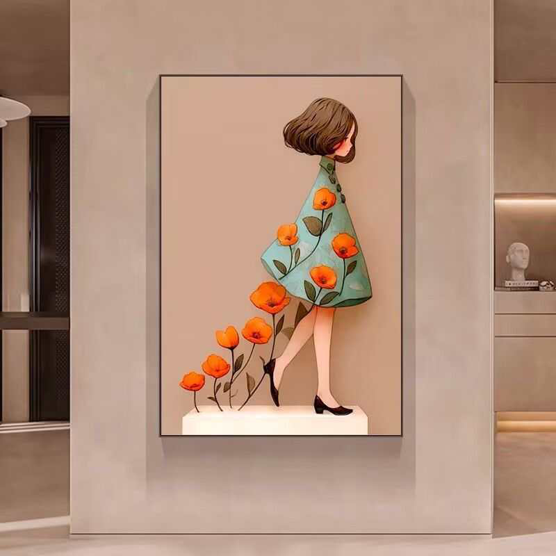INS风花卉女孩砂岩画主题古典风格卧室床头客厅餐厅装饰画6080