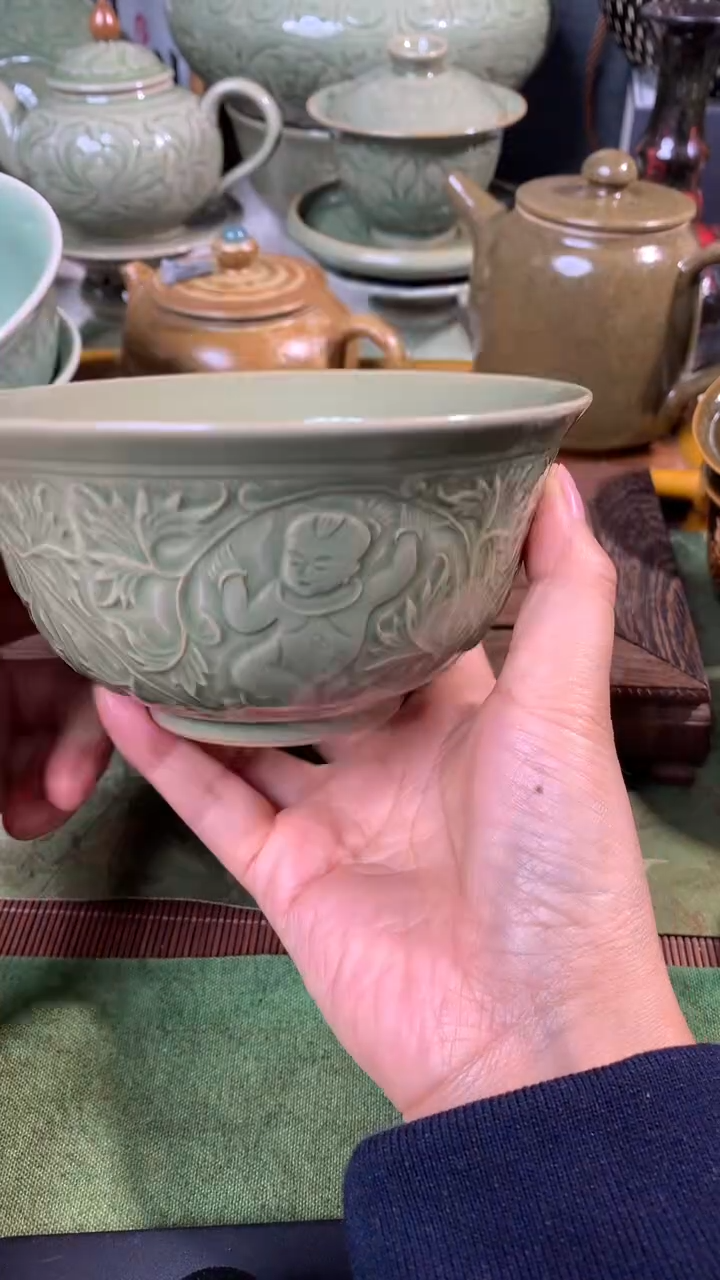 现代耀州窑微信小口失圆青瓷黑泥胎婴戏碗14CM四只