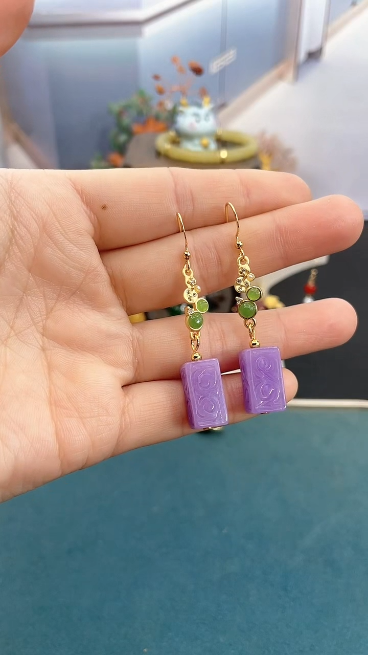14K金镶嵌翡翠耳饰紫罗兰长方糖耳钩