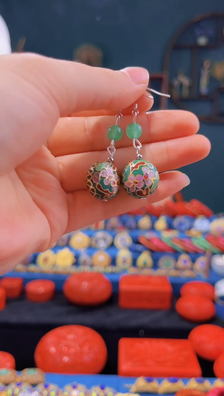 【闪购商品】非遗绝技 景泰蓝扁珠耳环 绿