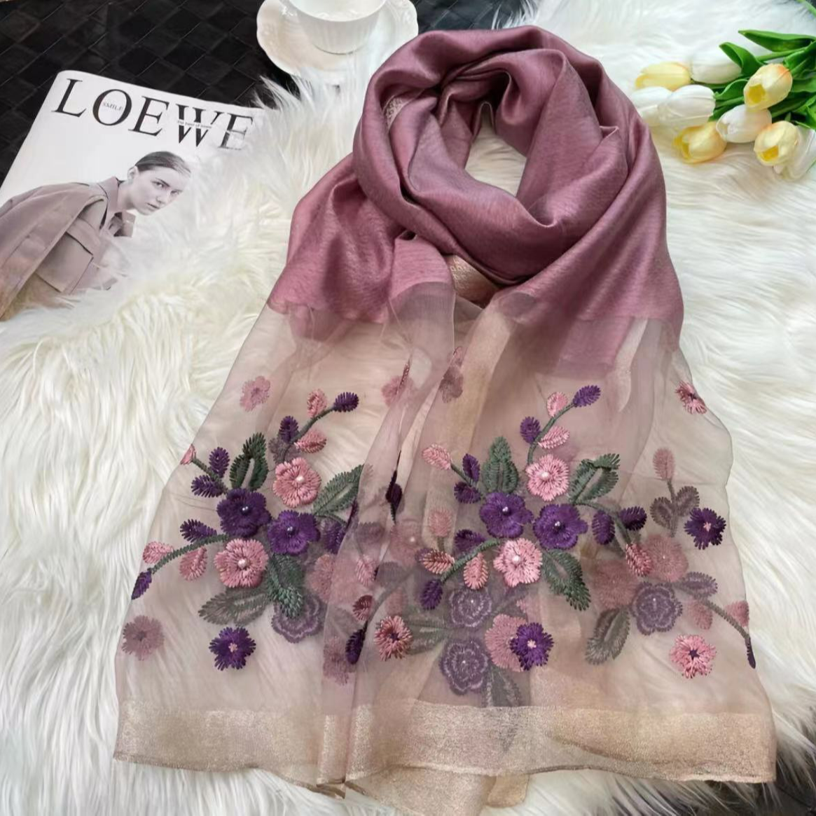 A806【海棠花】桑蚕羊毛刺绣轻奢高定丝巾披肩75*175