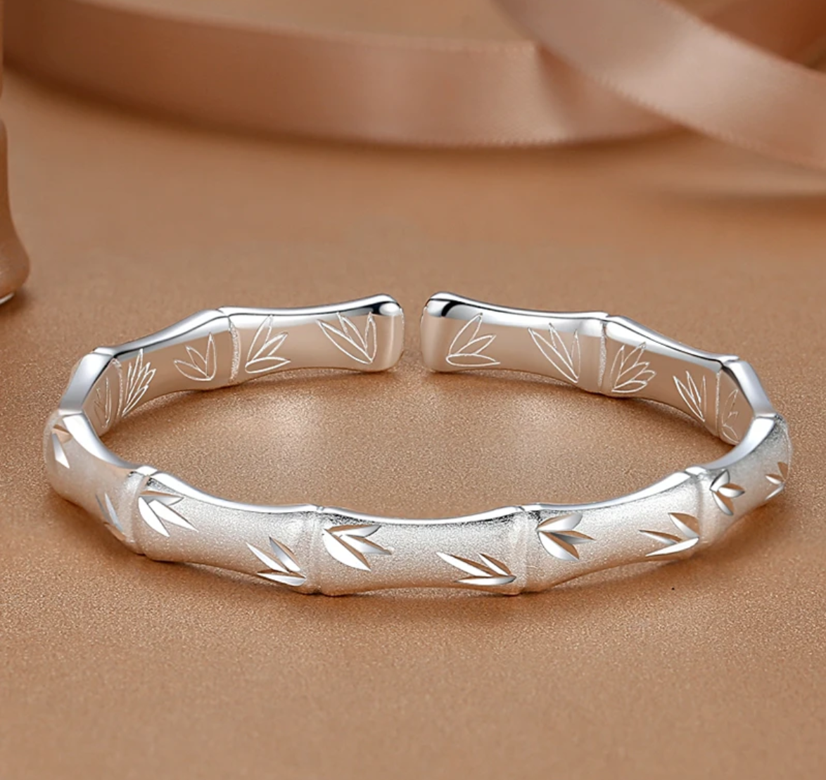 足银手镯 足银9999竹节暗花开口时尚气质磨砂节节高升银手镯手工