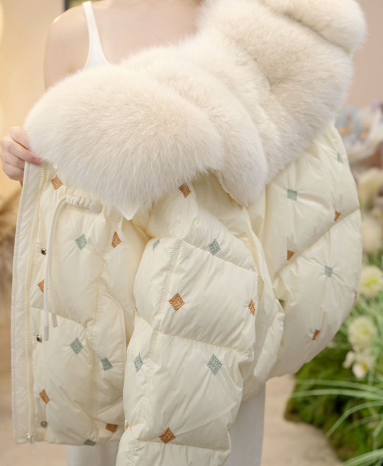 【77-甄选大朵绒】秋冬新款 洋气时尚可拆卸米白色百搭大毛领