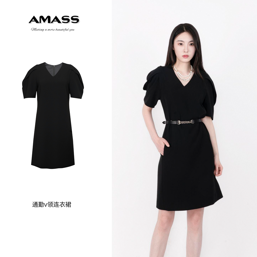 AMASS/阿玛施经典通勤V领袖时尚休闲修身气质黑色连衣裙子5500550