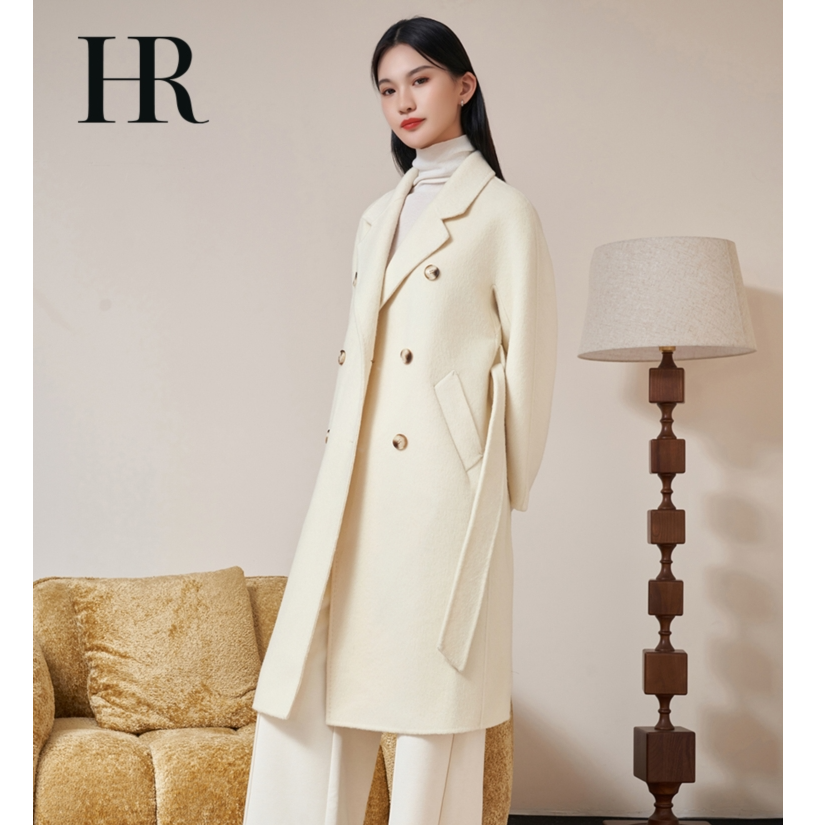 【HR赫莲娜】绵羊毛混纺双排扣双面呢秋冬中长款气质翻领大衣-