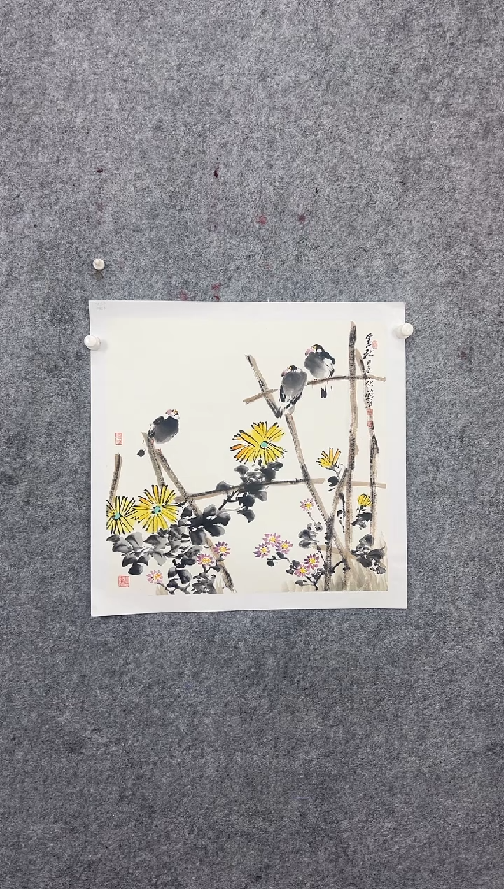 【闪购商品】国画窦欣奇手绘花鸟斗方50*50已托裱