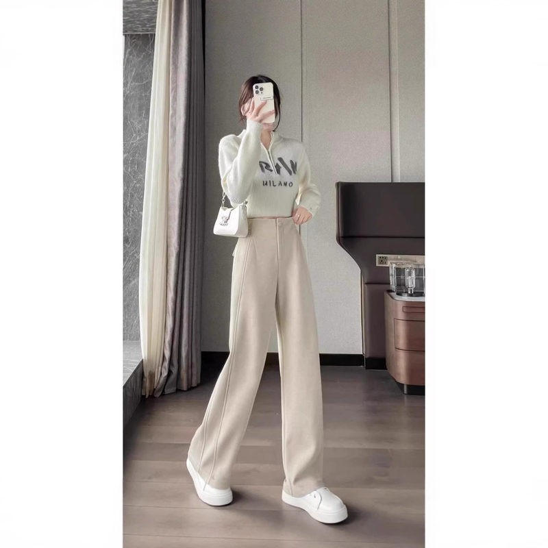 秋冬2025新款女加厚直筒窄版阔腿裤休闲毛呢垂感直筒裤