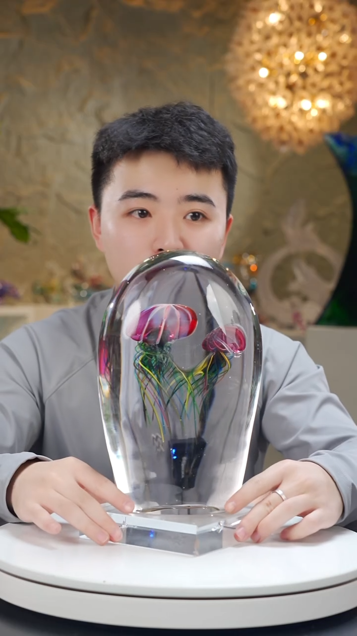 手工艺品琉璃蓝***～金红色双头水母摆件