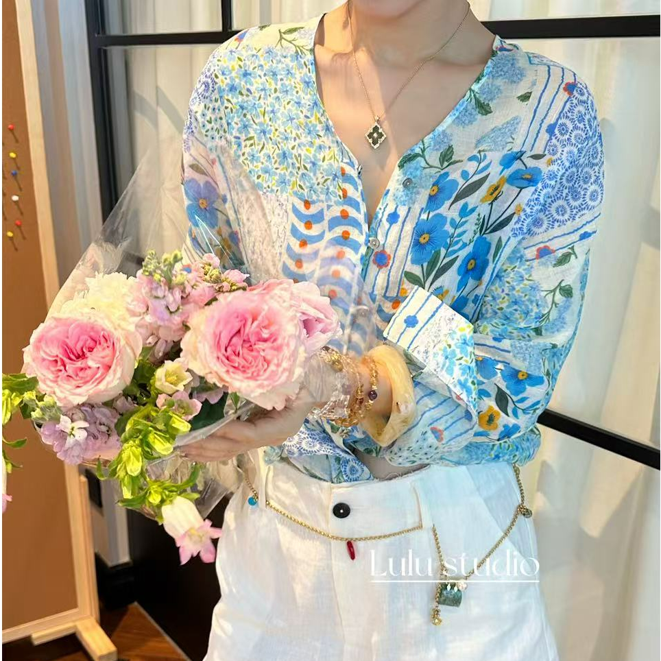 【LULU】（现货）蓝色花海夏%苎麻晕染印花雪纺小开衫 SST111289