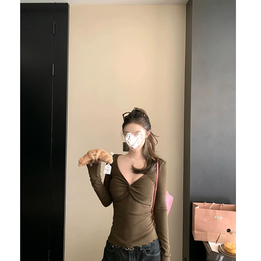 v领扭结长袖t恤女春秋冬季气质纯欲性感修身显瘦打底上衣#y2646