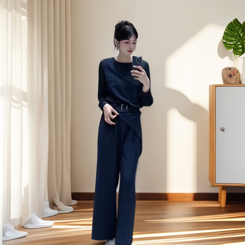 云介专柜正品2025年秋季新款通勤女装长袖腰带+长裤二件套