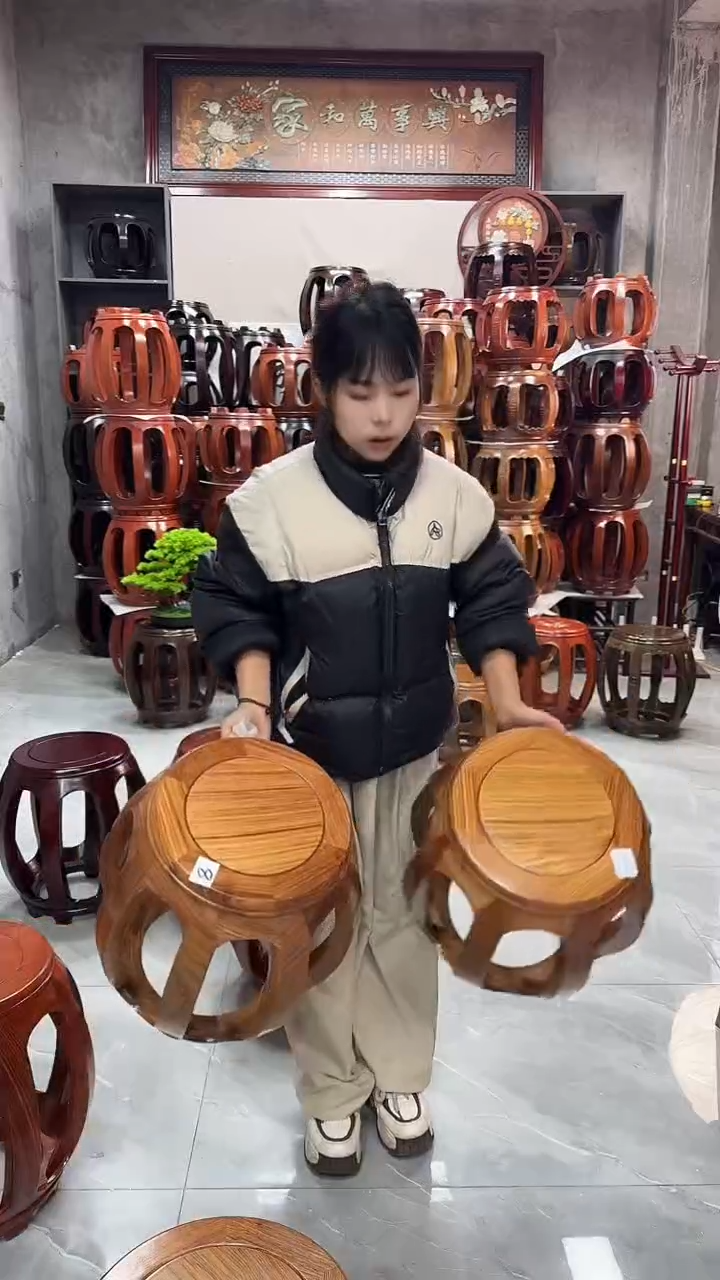 【闪购商品】花梨木类家具原木色大号鼓凳一对8号