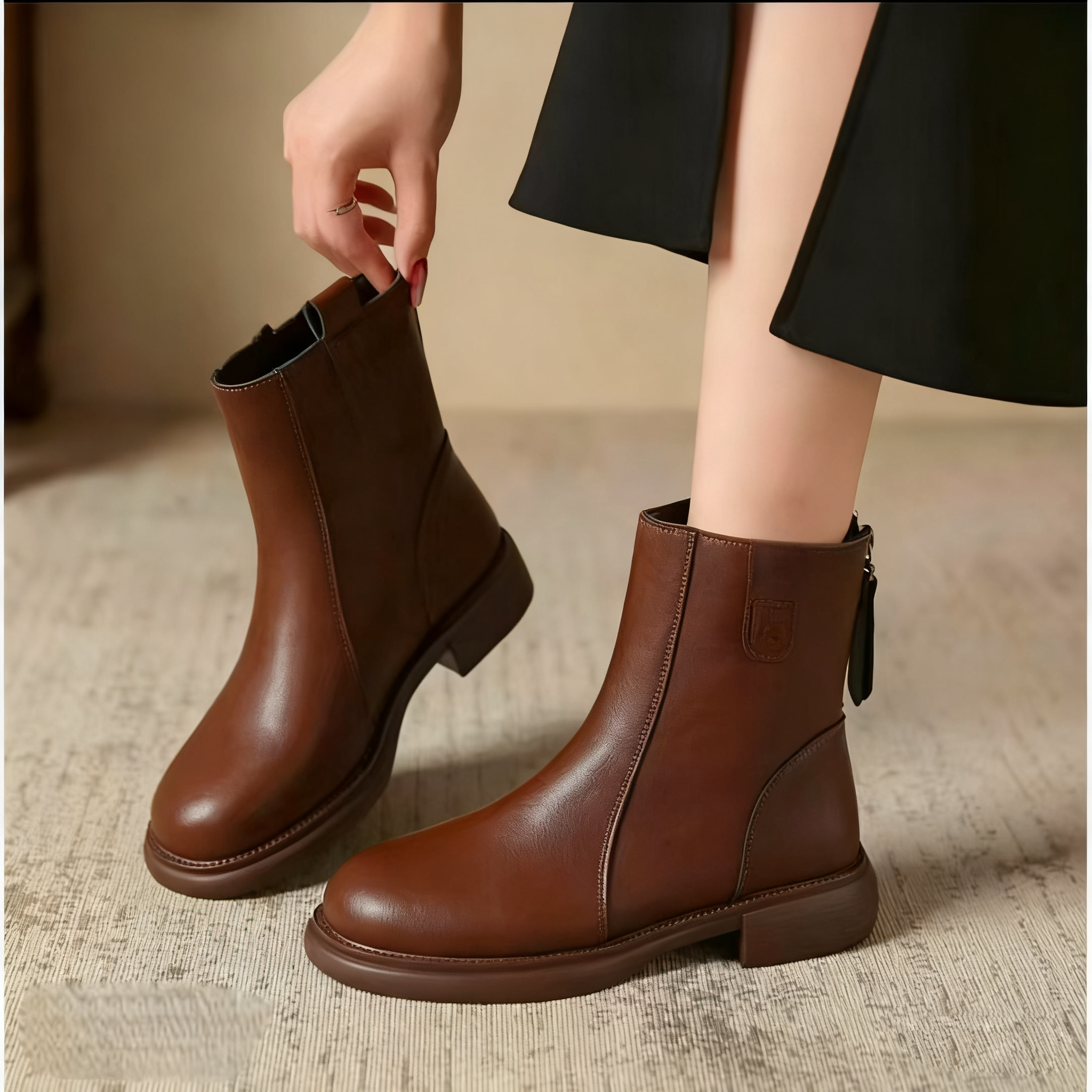 (品牌撤柜＋运费险)黄2025复古加绒真软皮中跟时尚百搭英伦秋女鞋