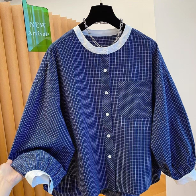 韩系减龄圆领小格子衬衫女长袖2025新款早秋装宽松气质灯笼袖上衣