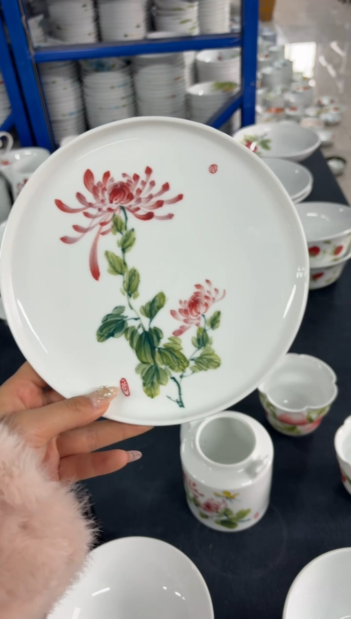 瓷片景德镇高温陶瓷食品级手绘釉中彩-7寸壶承