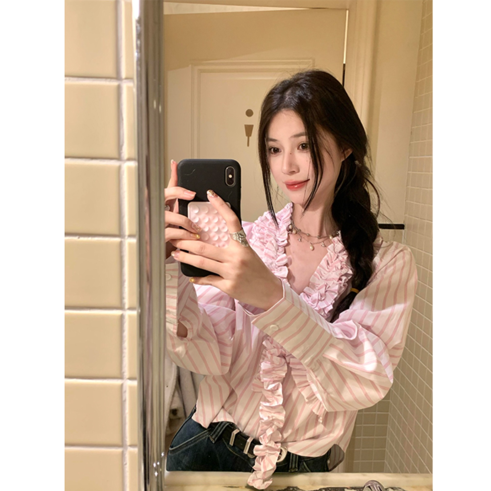 Notdefined粉色v领长袖衬衫女独特设计感小众上衣打底衫春秋款