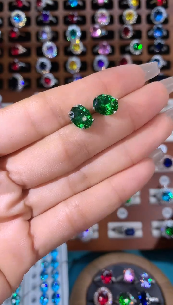 银S925镶嵌耳饰碧玺猫眼810白