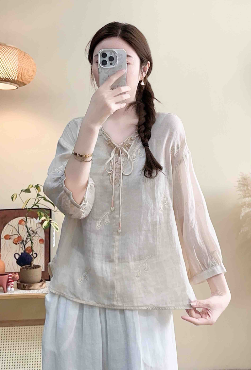 2025新款苎麻衬衫防晒常规系带落肩袖女洋气设计感七分袖长袖夏季