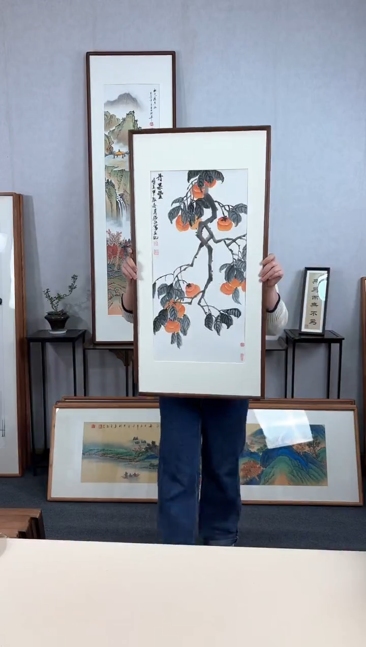 【闪购商品】国画手绘*柿柿如意*47*92cm实木框