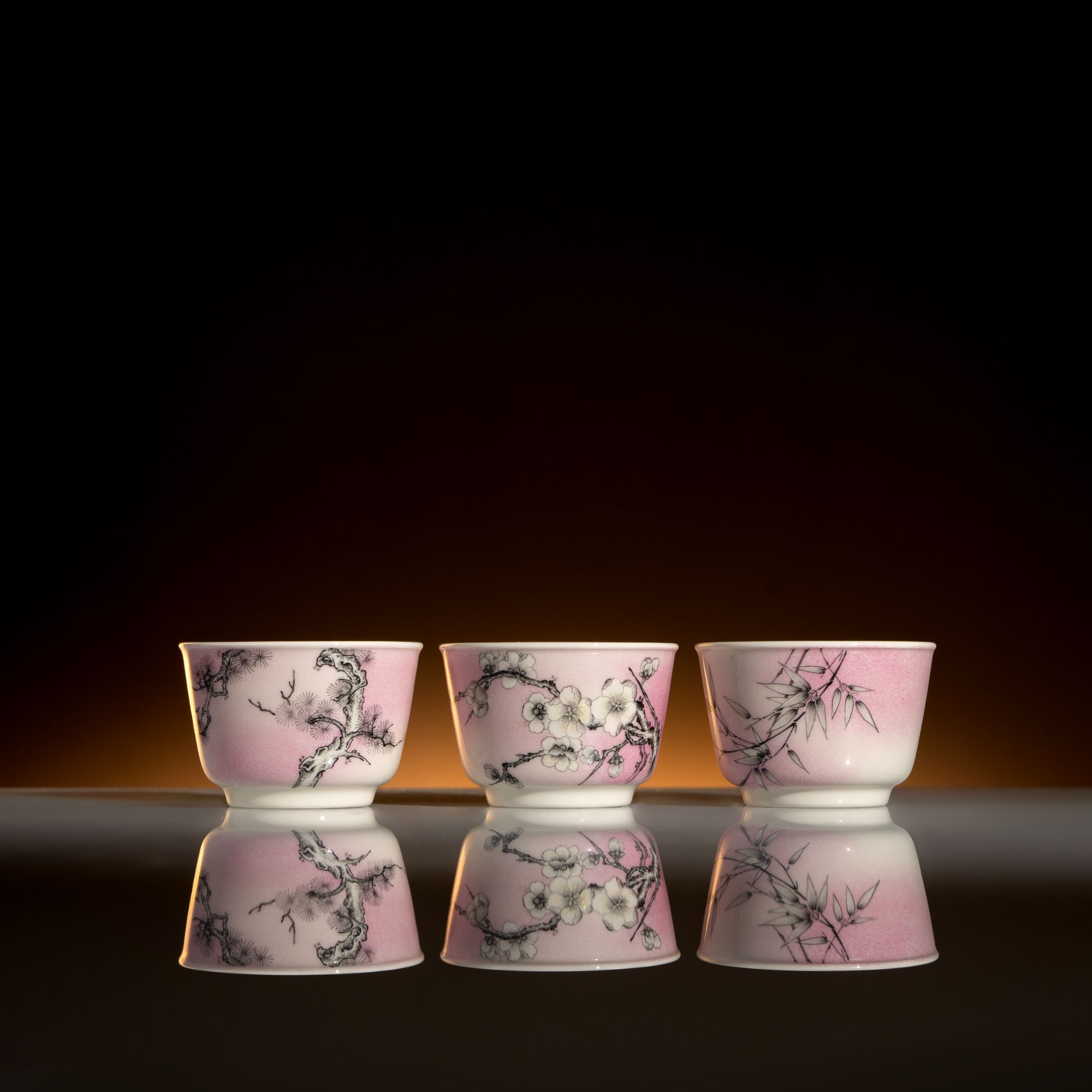 雅圣墨彩松竹梅小品杯组合景德镇纯手工手绘茶具