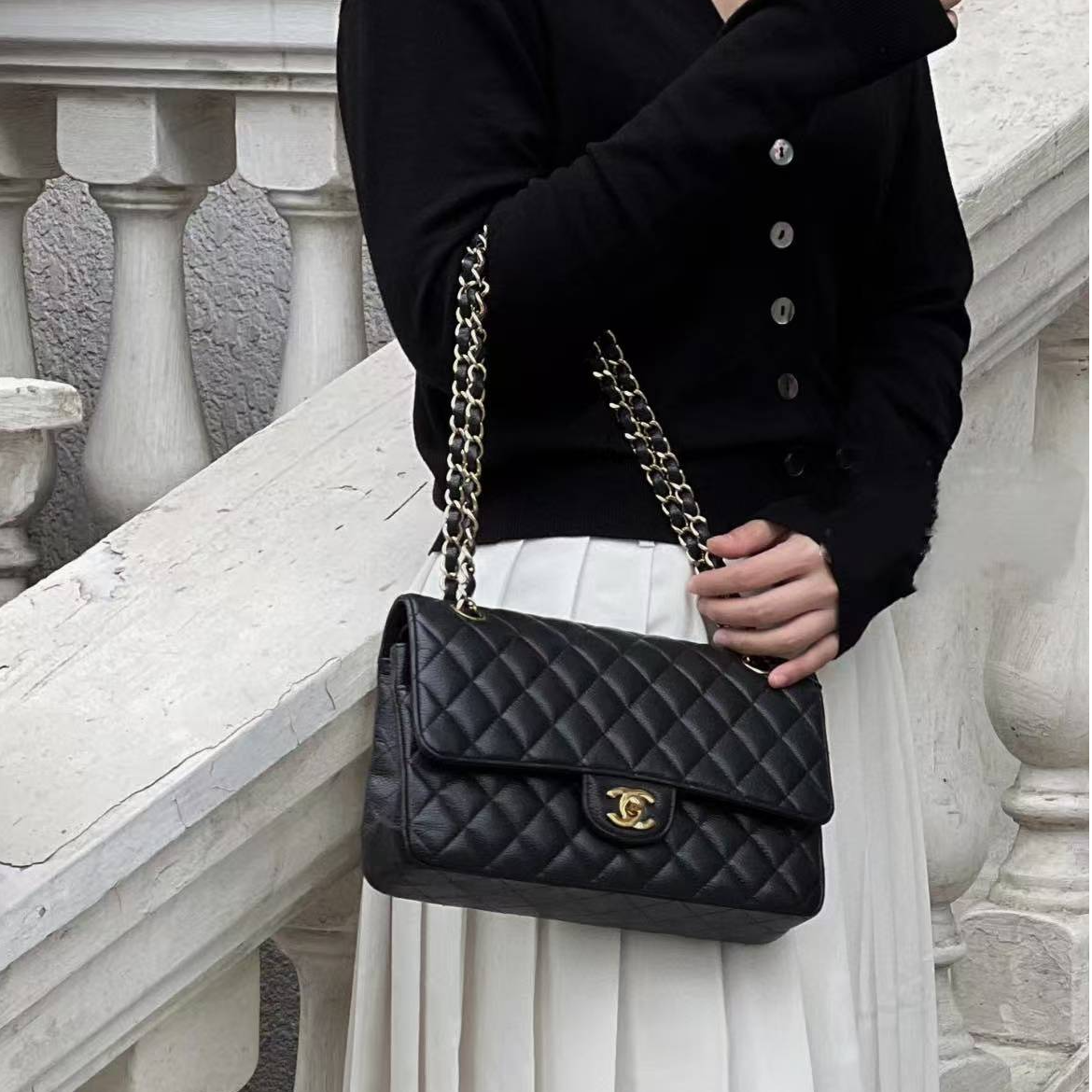 99新 Chanel/香奈儿 7姐专场/黑金荔枝牛 CF 中号 链条包 14开
