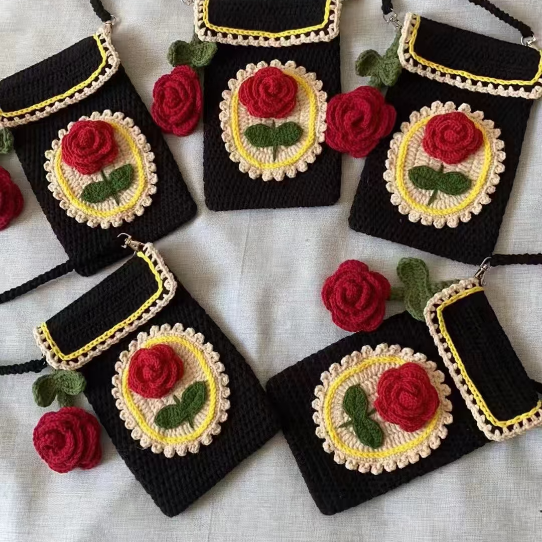 【成品】纯手工毛线钩织玫瑰花手机包复古单肩斜挎时尚美丽手机包