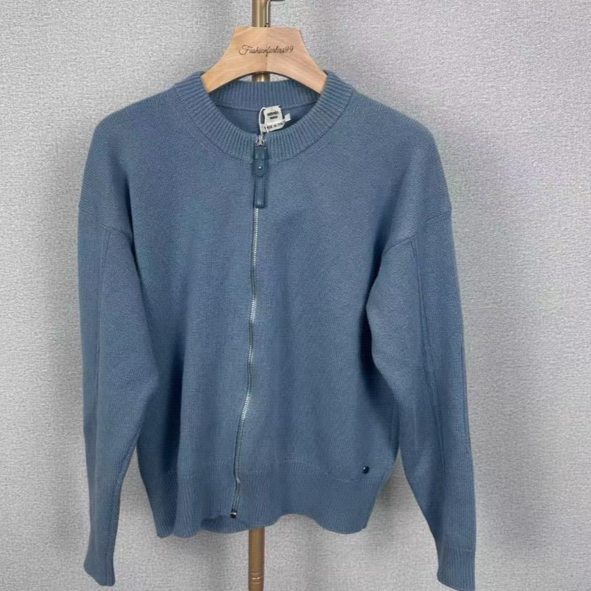 全新未使用 Hermes/爱马仕 纯色拉链针织外套 蓝色/36