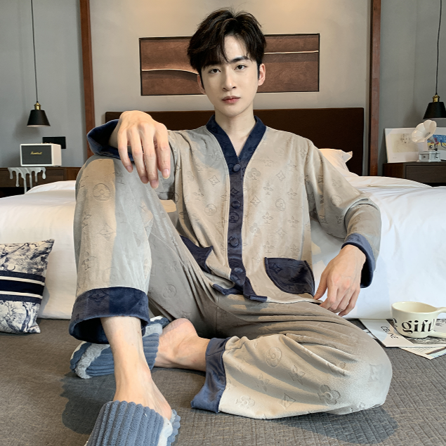 【男士拼接灰色】男超柔时尚纯色睡衣秋冬款长袖时尚简约家居服套装