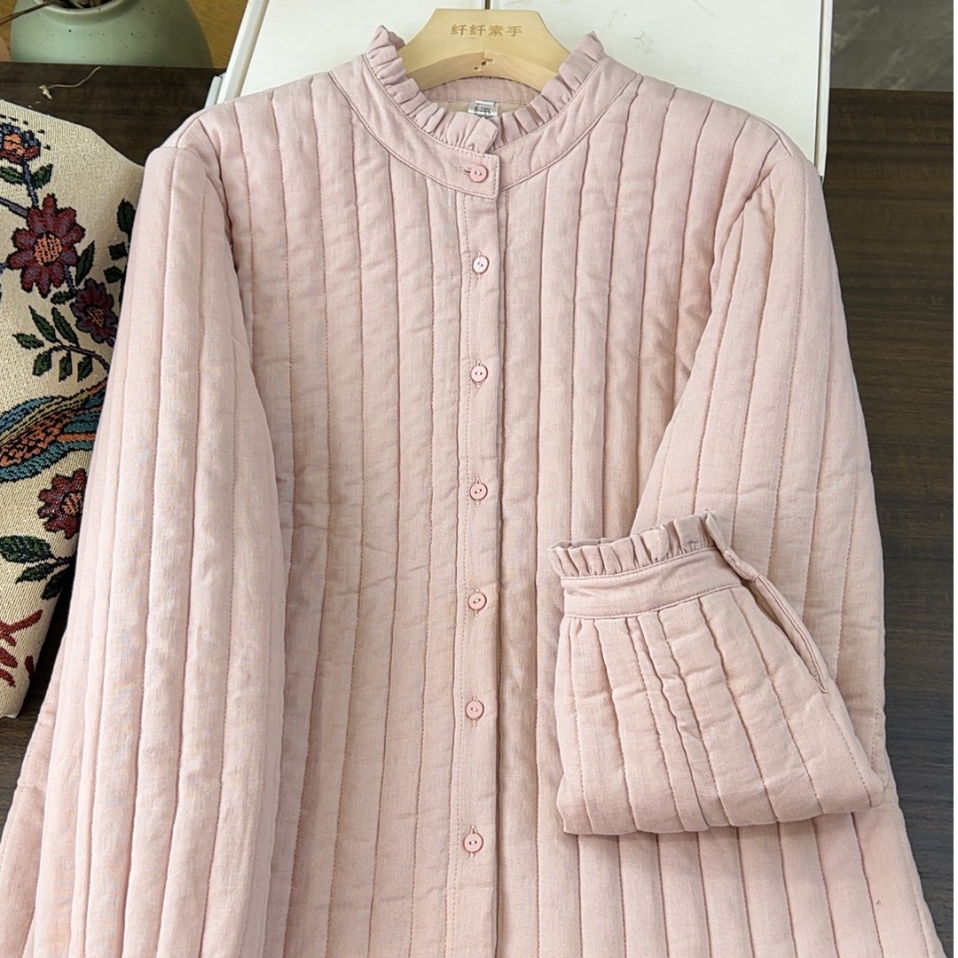 华-CS1314花边领保暖长袖加厚棉衣外套外穿打底韩版夹棉衬衫