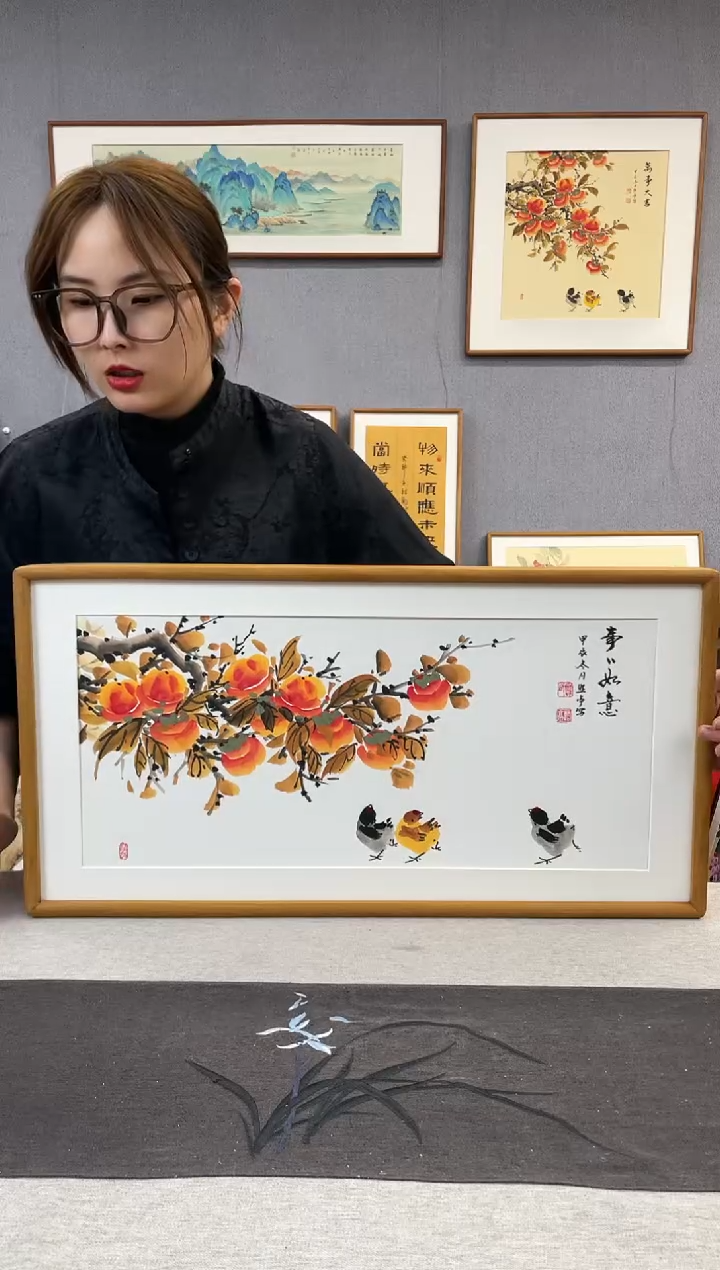 【闪购商品】国画贺照亭-纯手绘带框作品-35*68-柿子