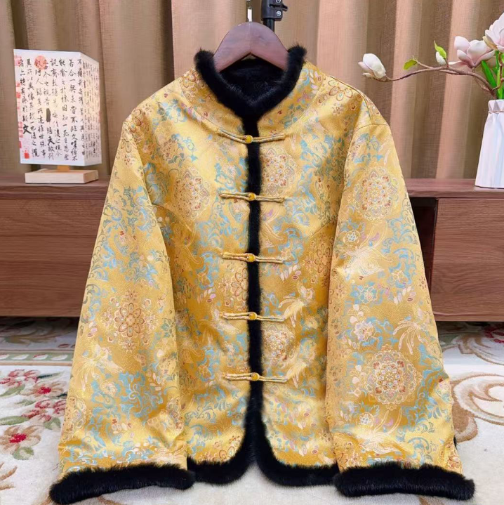 「金銮锦韵」水貂毛镶边织锦盘扣唐装外套-5528--ZY