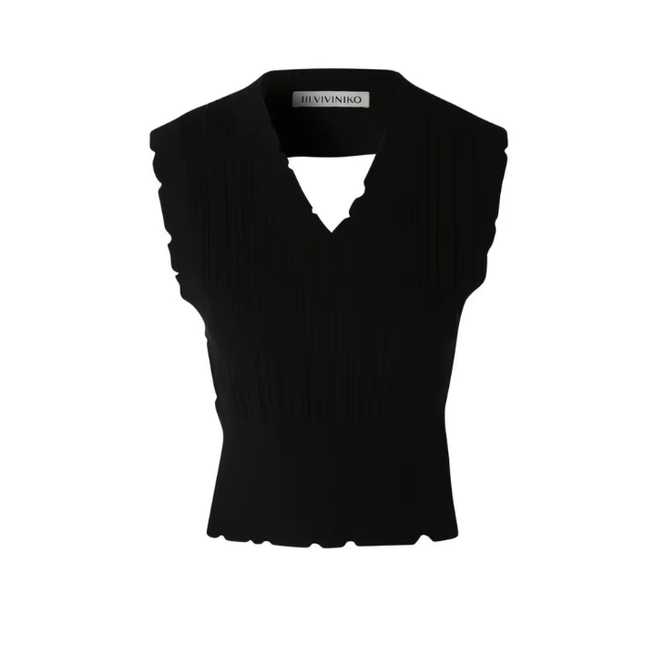 IIIVIVINIKO 复古V领纯色无袖背心 女款 黑色-M223715638D