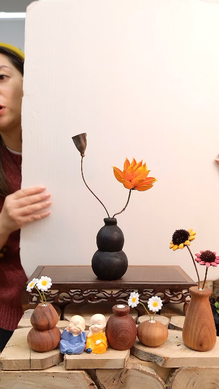 木实木花瓶带花一套自然干裂