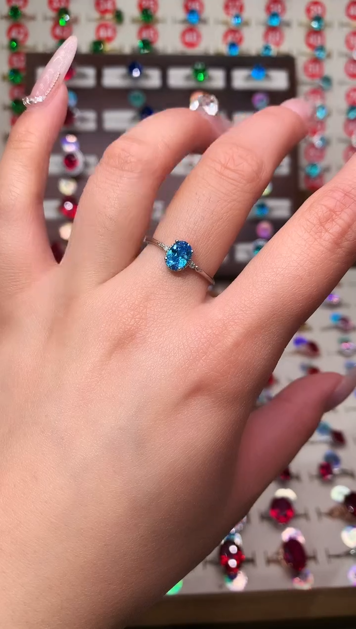 银S925镶嵌戒圈海蓝宝石5*7 银托