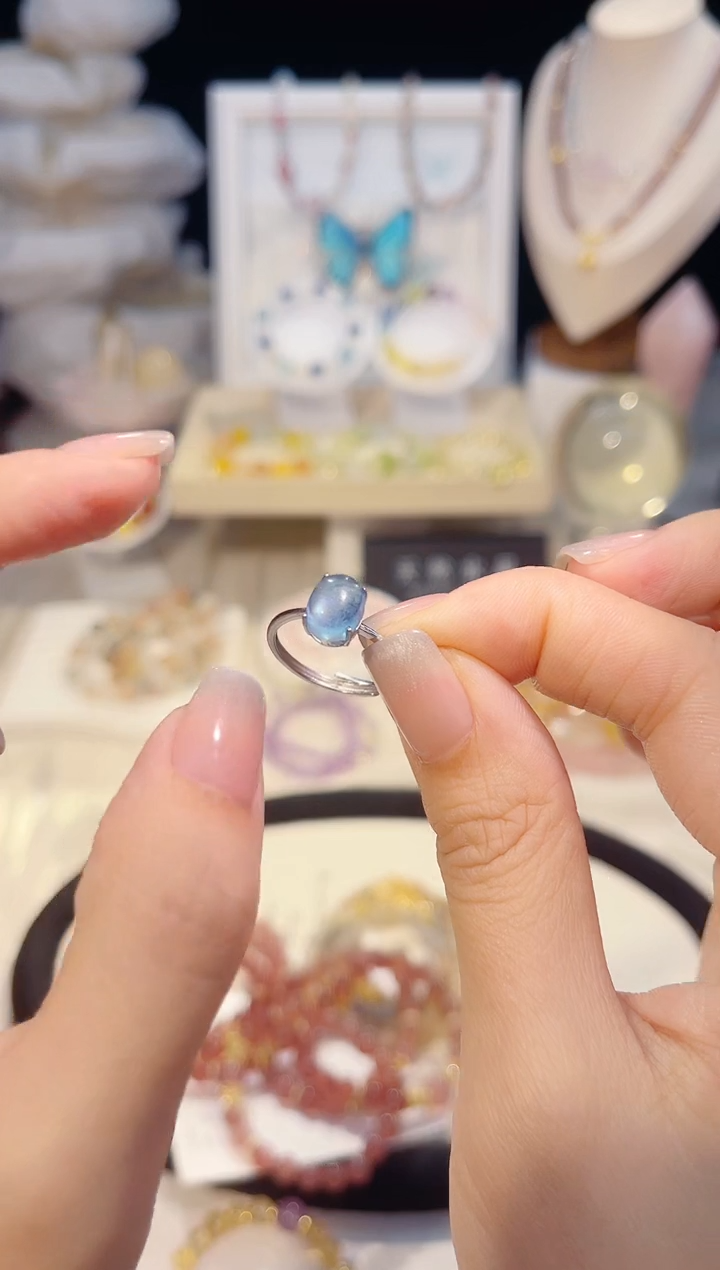 银S925镶嵌手串水晶壹**豆海蓝宝戒指