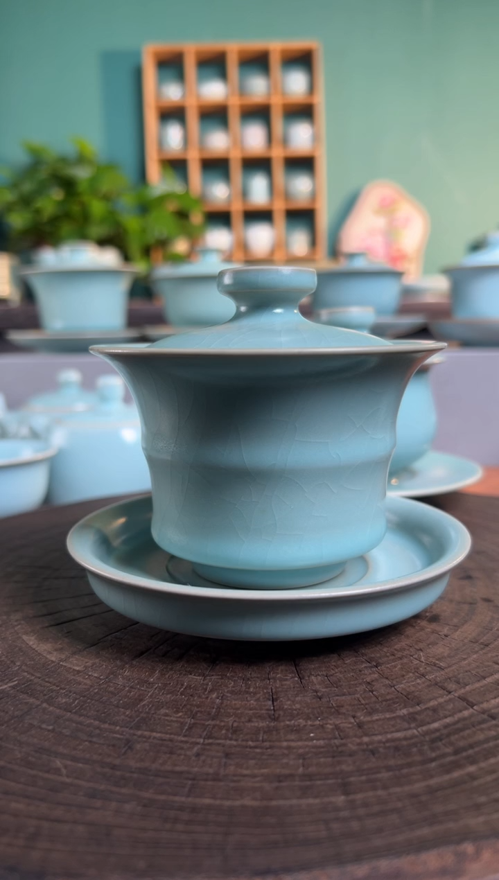 仿古天青三才竹节盖碗