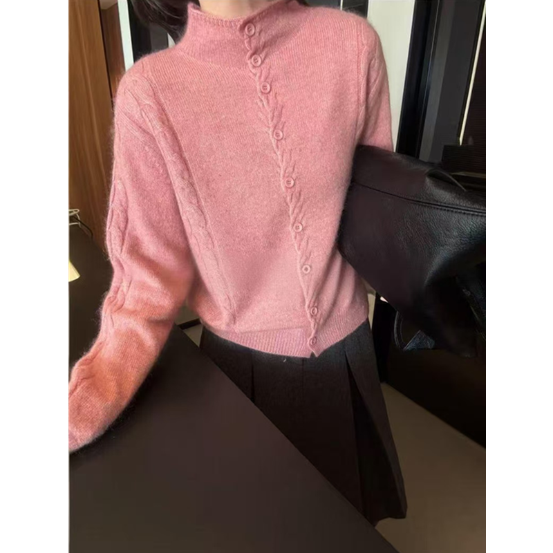 韩系半高领单排扣衣襟扭扭麻花纹软糯针织开衫女冬